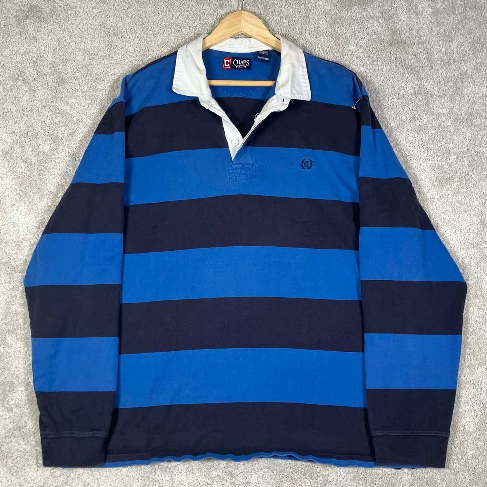 Ralph Lauren Chaps Rugby Shirt Long Sleeve Striped Blue Navy Cotton Heavy Logo